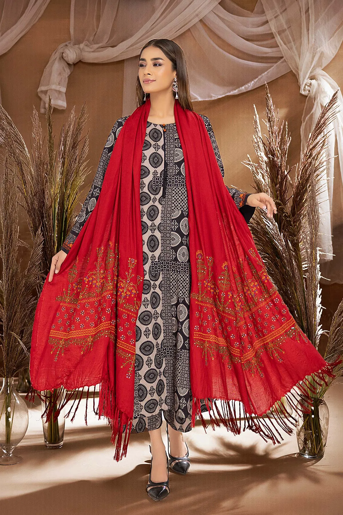 3-Pc Digital Printed Viscose Long Shirt With Pashmina Shawl and Straight Trouser CPM22-121