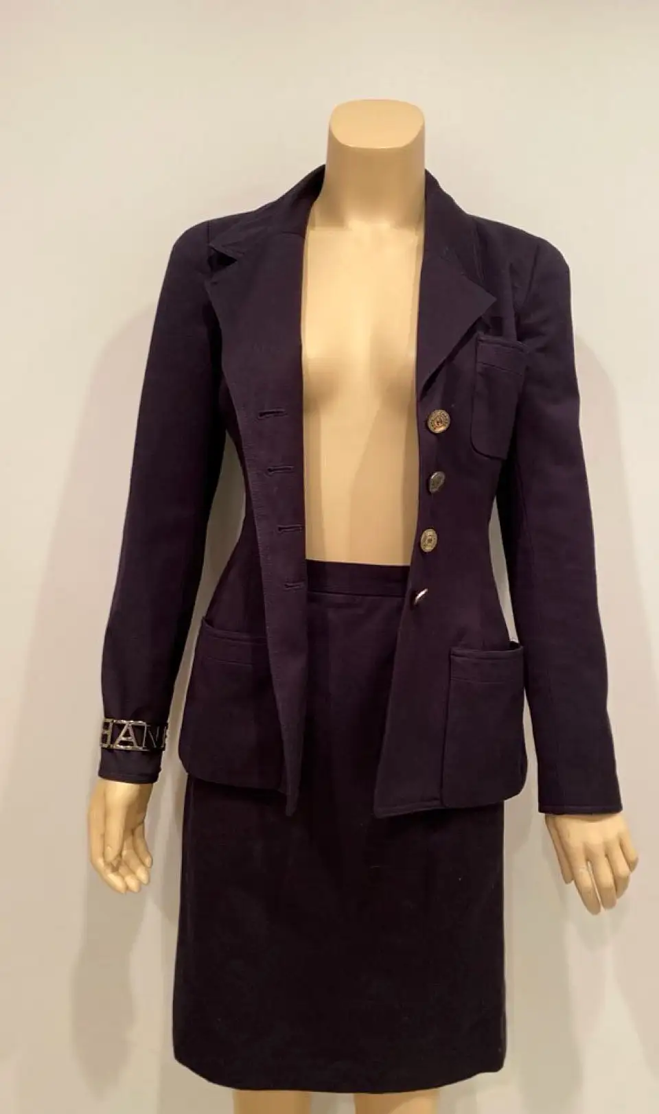 97C 1997 Cruise Chanel Vintage Dark Navy Fitted Skirt Jacket Suit Set FR 38 US 2/4