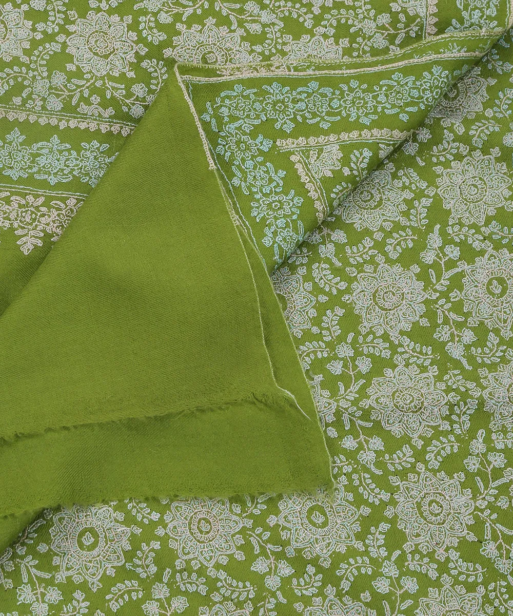 Apple Green Handwoven Pure Pashmina Jamawar Shawl With Sozni Kari