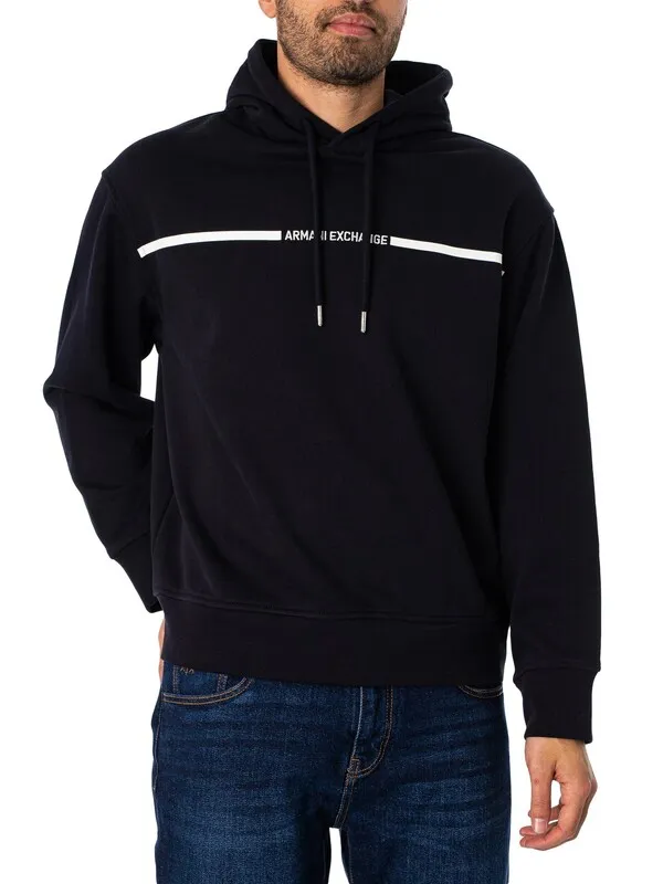 Armani Exchange Logo Stripe Pullover Hoodie - Deep Navy