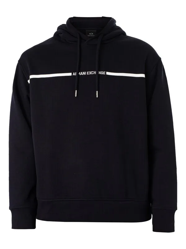 Armani Exchange Logo Stripe Pullover Hoodie - Deep Navy