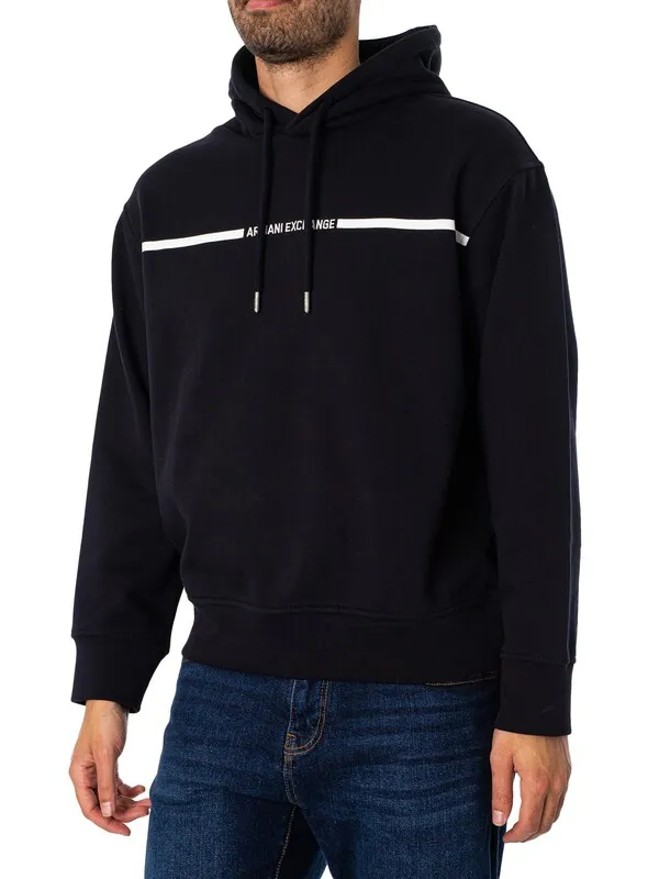 Armani Exchange Logo Stripe Pullover Hoodie - Deep Navy