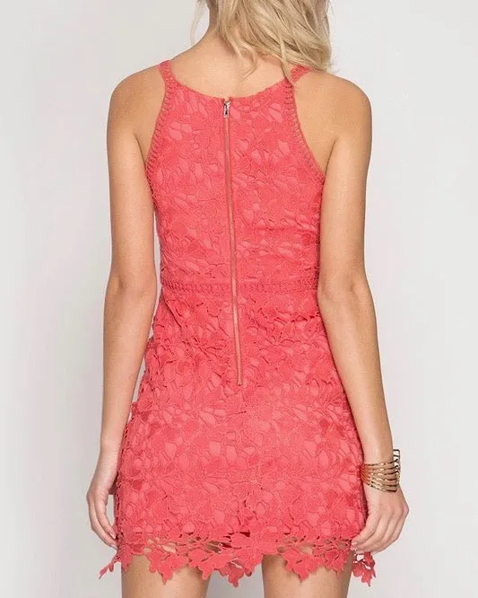 Ashlyn Sleeveless Lace Bodycon Dress in Coral