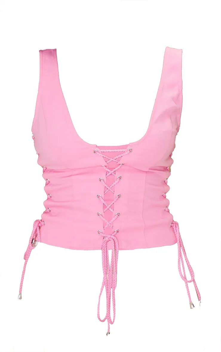 Candy Pink Woven Lace Up Plunge Sleeveless Top