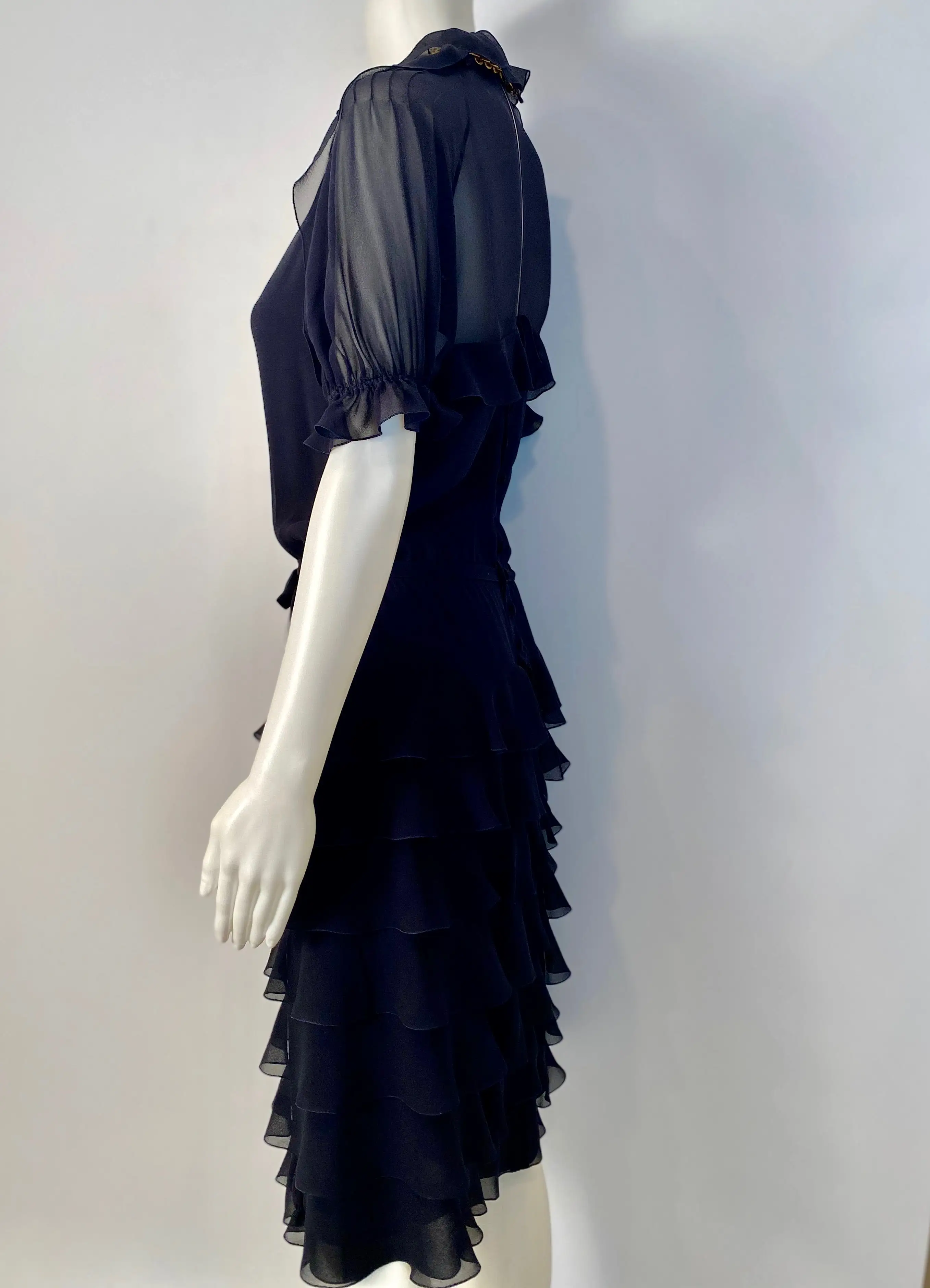 Chanel 01P 2001 Spring Navy Blue Silk Chiffon Ruffle short sleeve dress FR 38 US 4