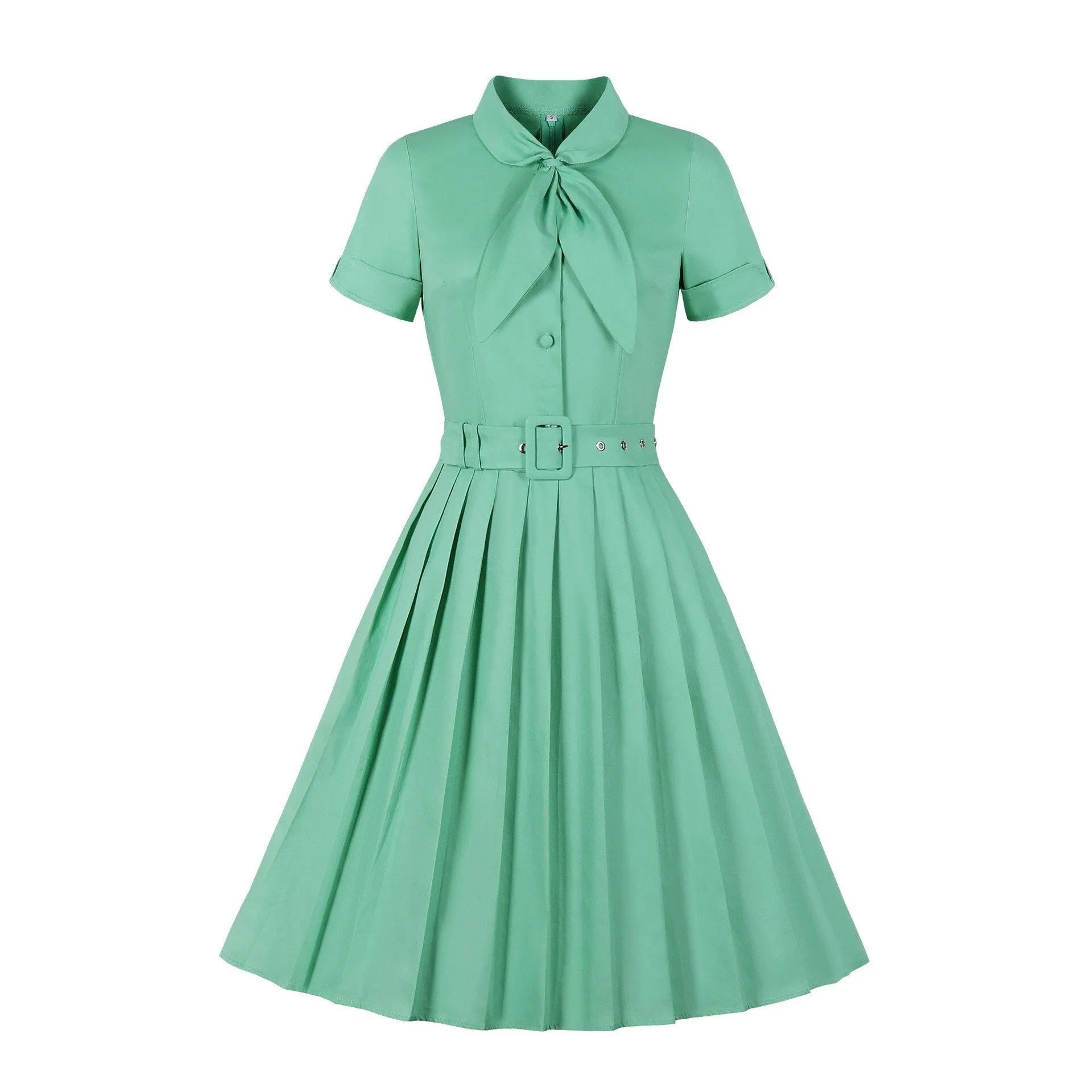 Elegant Vintage Solid Pleated Dress 50S 60S Bow Neck Cotton Vestidos A-Line Pinup Business Women Party Flare Swing Dresses