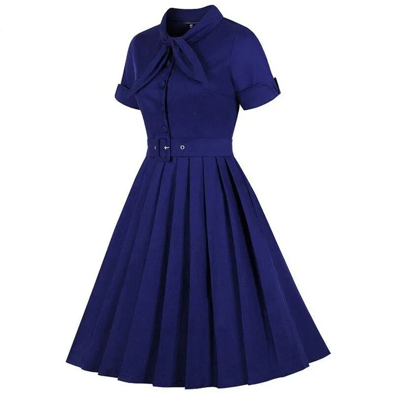 Elegant Vintage Solid Pleated Dress 50S 60S Bow Neck Cotton Vestidos A-Line Pinup Business Women Party Flare Swing Dresses