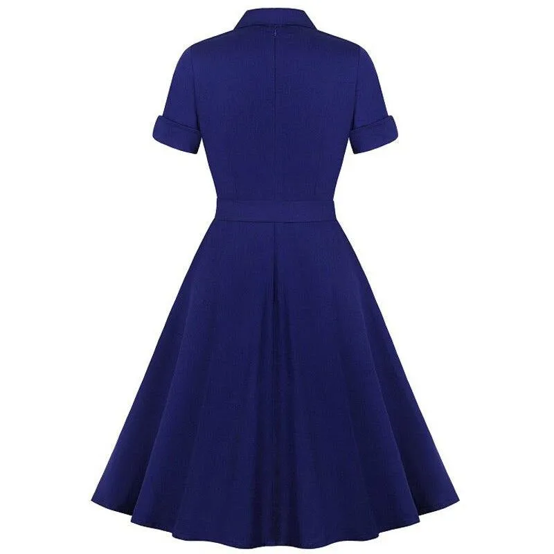 Elegant Vintage Solid Pleated Dress 50S 60S Bow Neck Cotton Vestidos A-Line Pinup Business Women Party Flare Swing Dresses