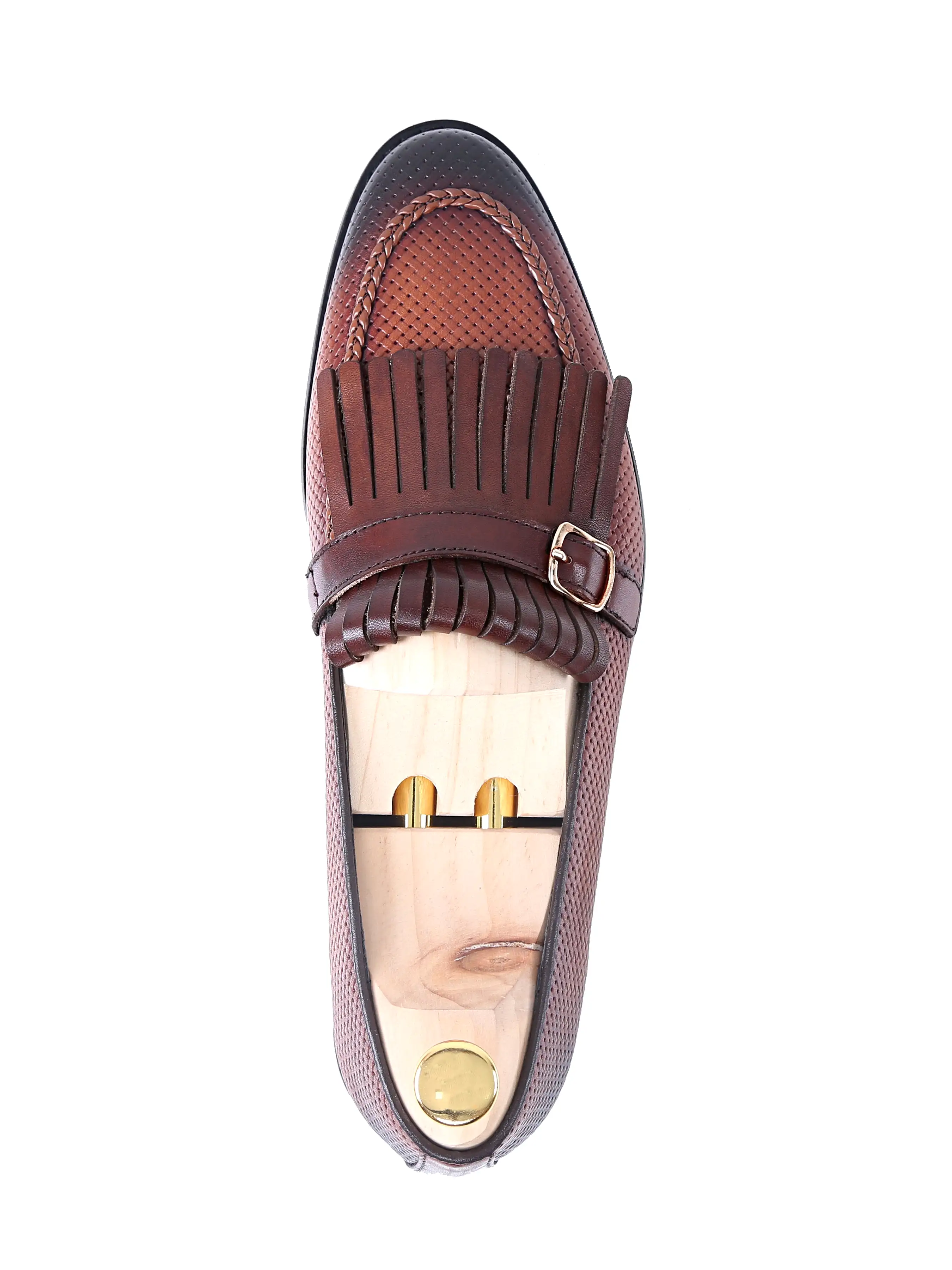 Fringe Kiltie Loafer - Cognac Tan Woven Leather with Side Buckle (Hand Painted Patina)