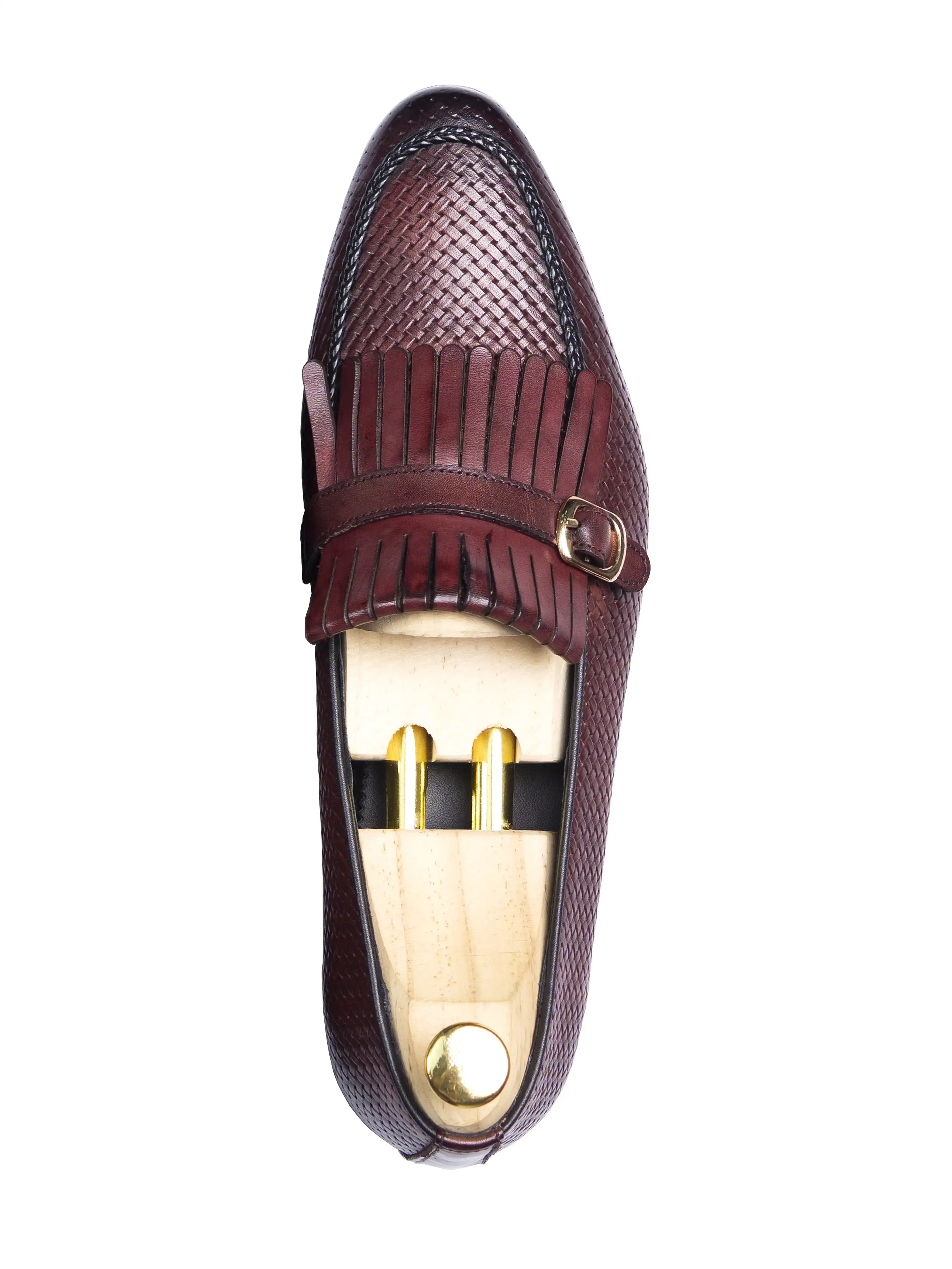 Fringe Kiltie Loafer - Red Burgundy Woven Leather with Side Buckle (Hand Painted Patina)