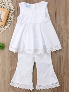 Girls Sleeveless White Lace Trimmed Open Back Tunic And Flared Pant Set