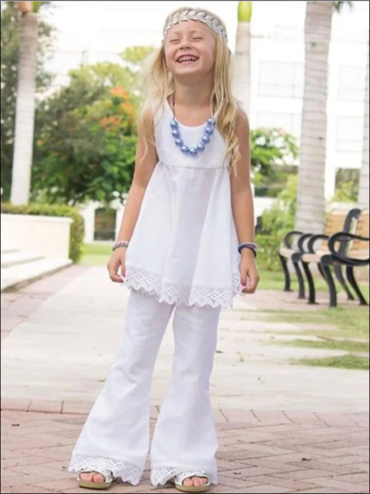 Girls Sleeveless White Lace Trimmed Open Back Tunic And Flared Pant Set