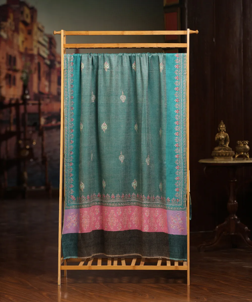 Green Handwoven Pure Pashmina Shawl With Resham Sozni Kari Border And Pink Palla