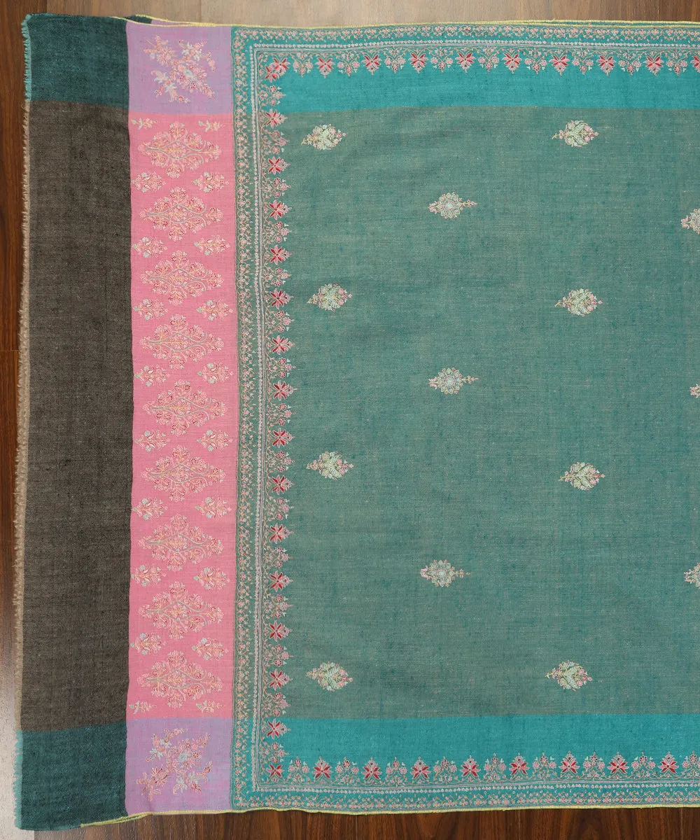 Green Handwoven Pure Pashmina Shawl With Resham Sozni Kari Border And Pink Palla