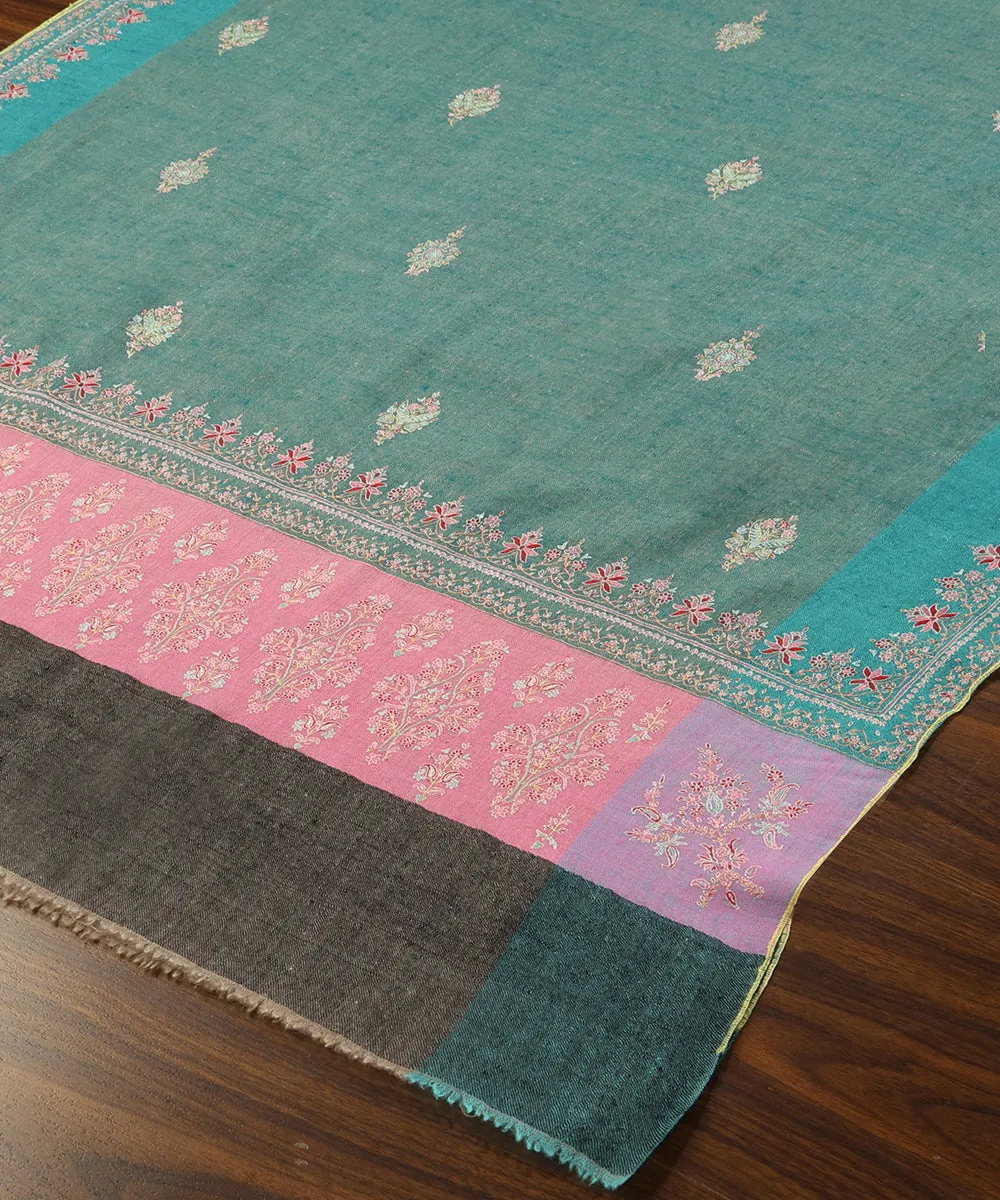 Green Handwoven Pure Pashmina Shawl With Resham Sozni Kari Border And Pink Palla