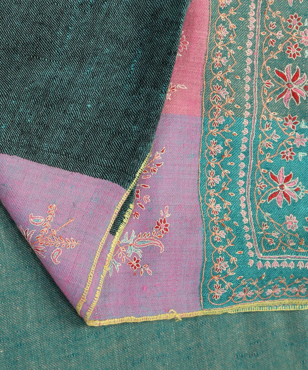 Green Handwoven Pure Pashmina Shawl With Resham Sozni Kari Border And Pink Palla