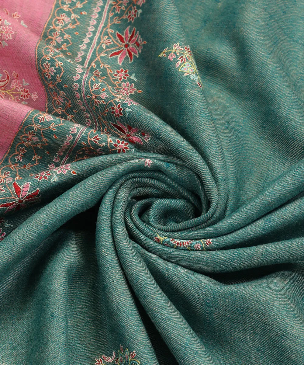 Green Handwoven Pure Pashmina Shawl With Resham Sozni Kari Border And Pink Palla