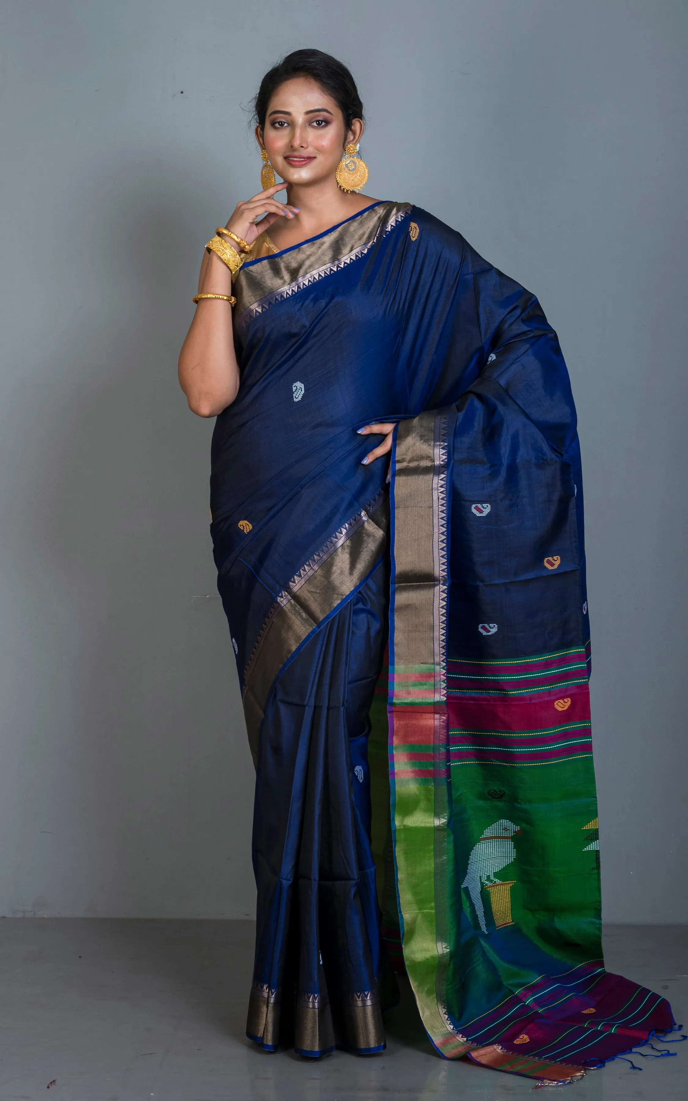 Handwoven Bishnupuri Kalakshetra Katan Silk Saree in Admiral Blue, Green, Magenta and Multicolored