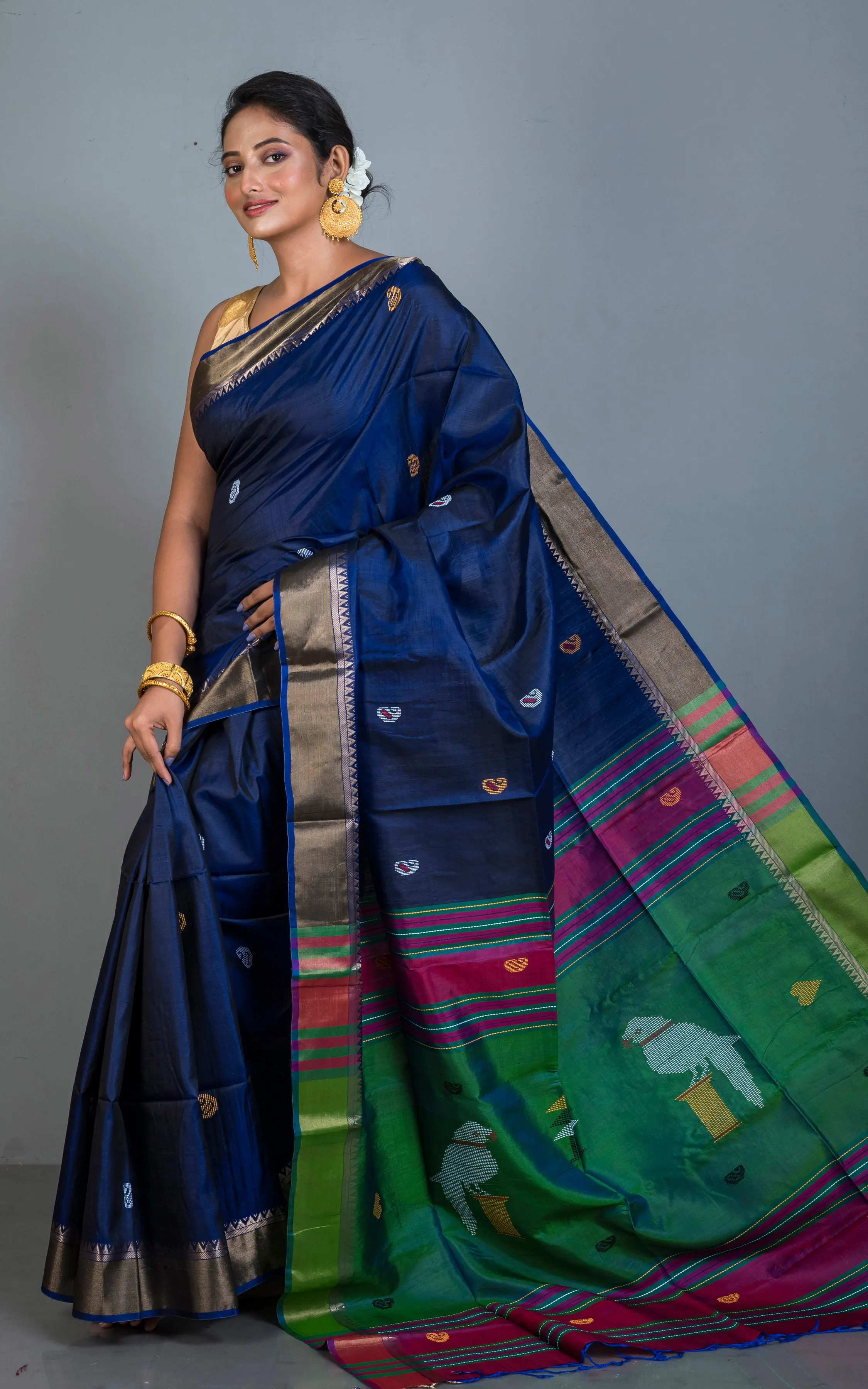 Handwoven Bishnupuri Kalakshetra Katan Silk Saree in Admiral Blue, Green, Magenta and Multicolored