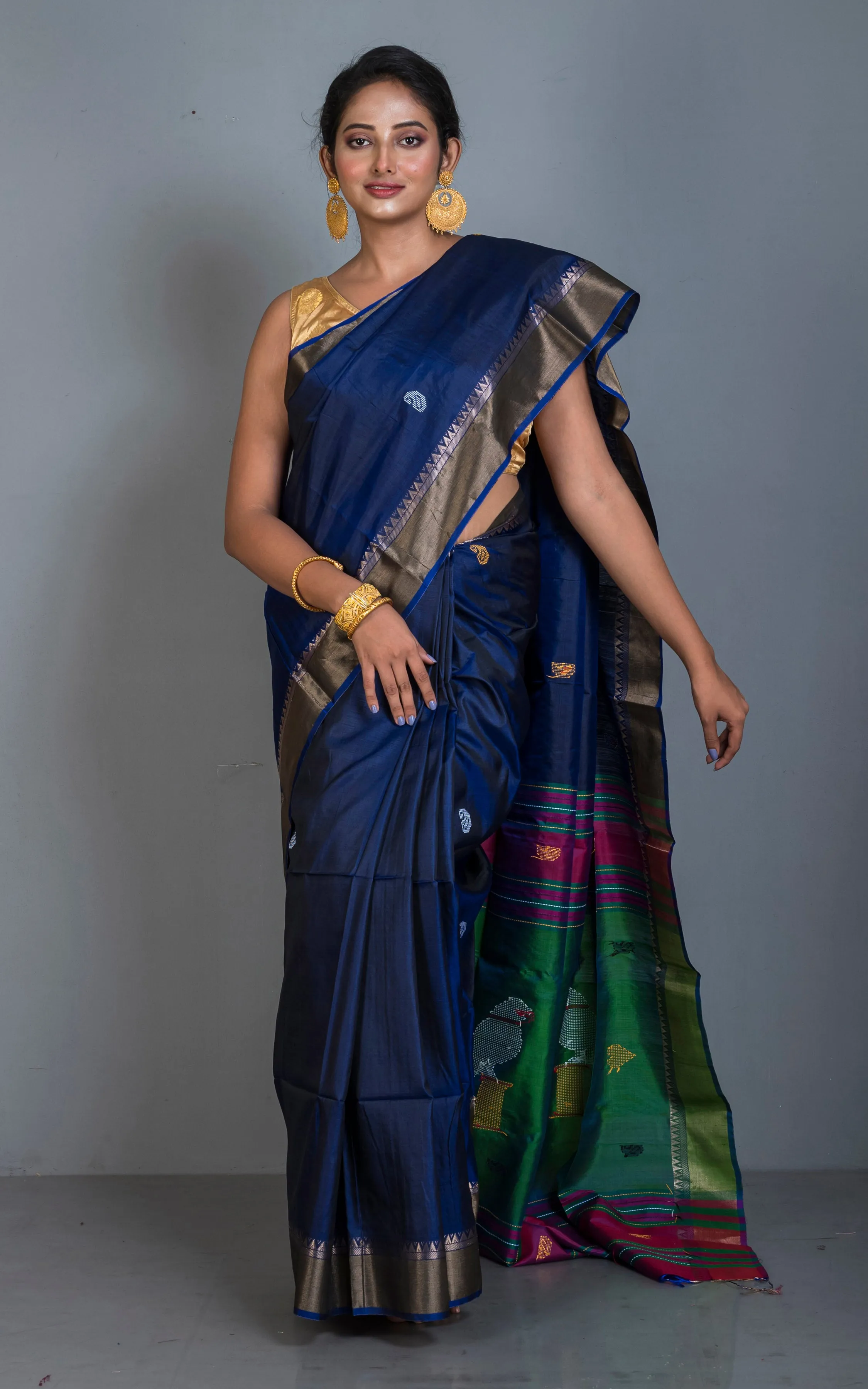 Handwoven Bishnupuri Kalakshetra Katan Silk Saree in Admiral Blue, Green, Magenta and Multicolored