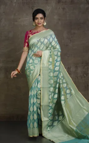 Handwoven Cotton Chanderi Saree in Lucite Green, Beige and Muted Gold