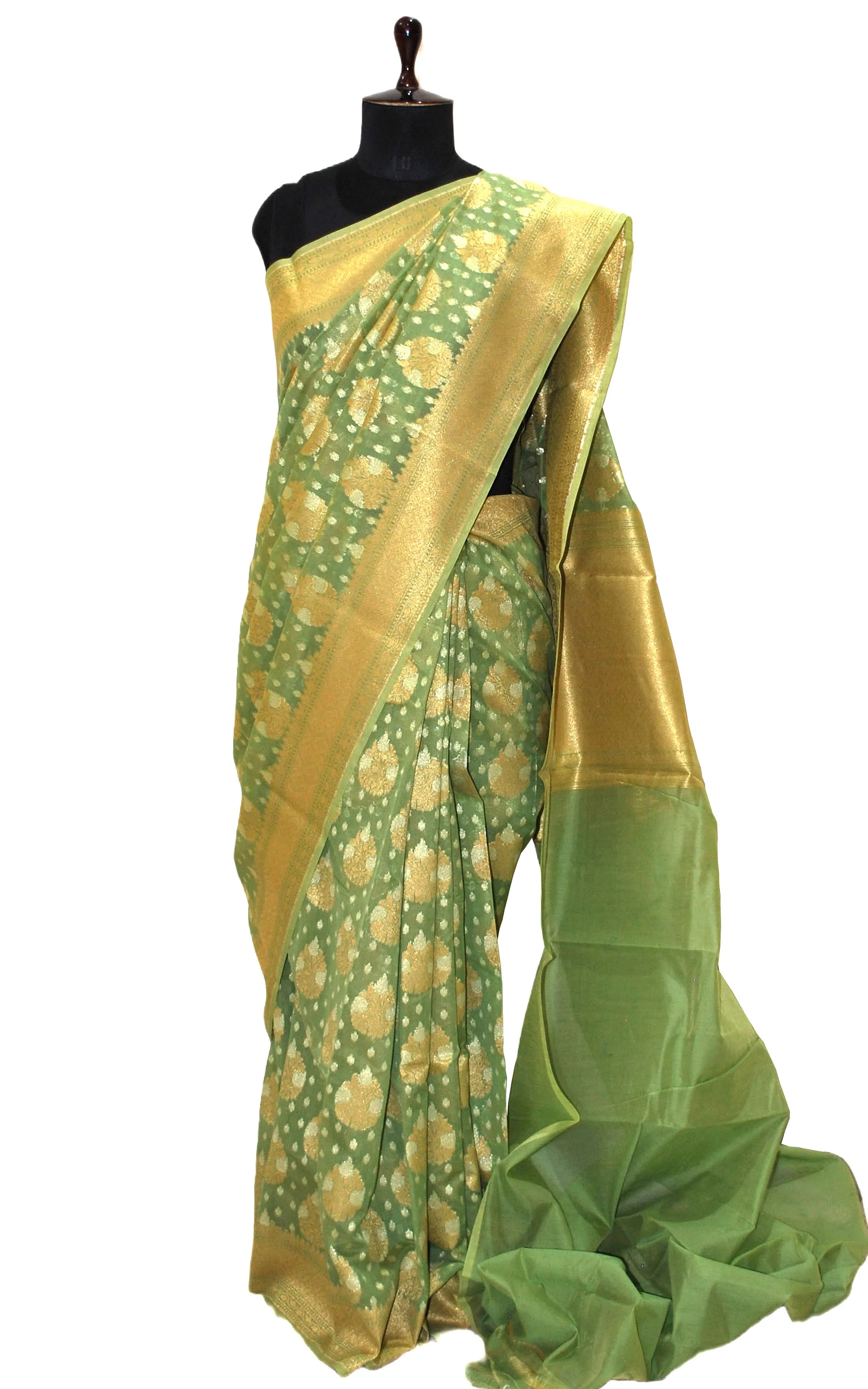 Handwoven Cotton Chanderi Saree in Sage Green and Muted Gold