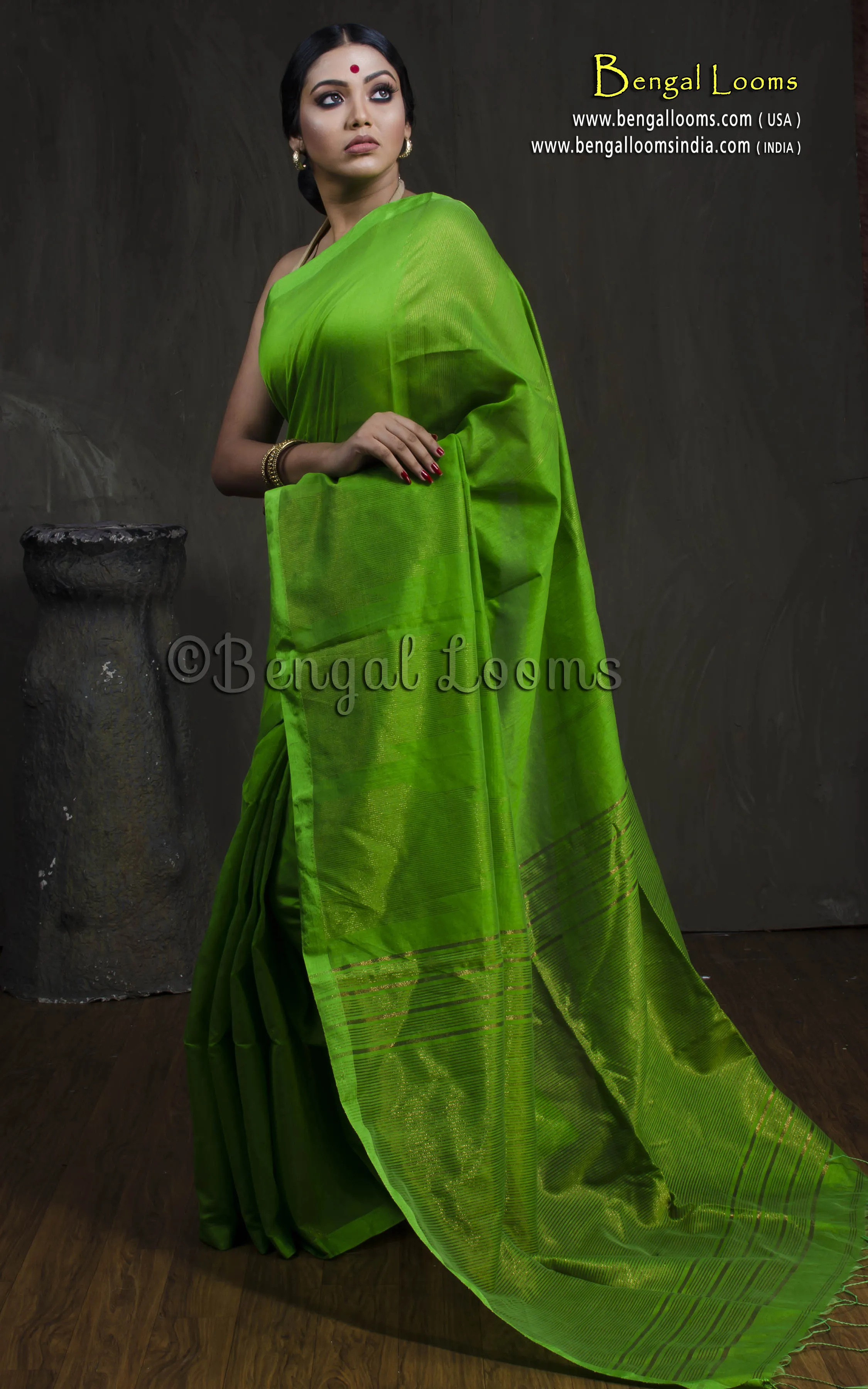 Handwoven Crowned Temple Border Soft Cotton Kanjivaram Saree in Green