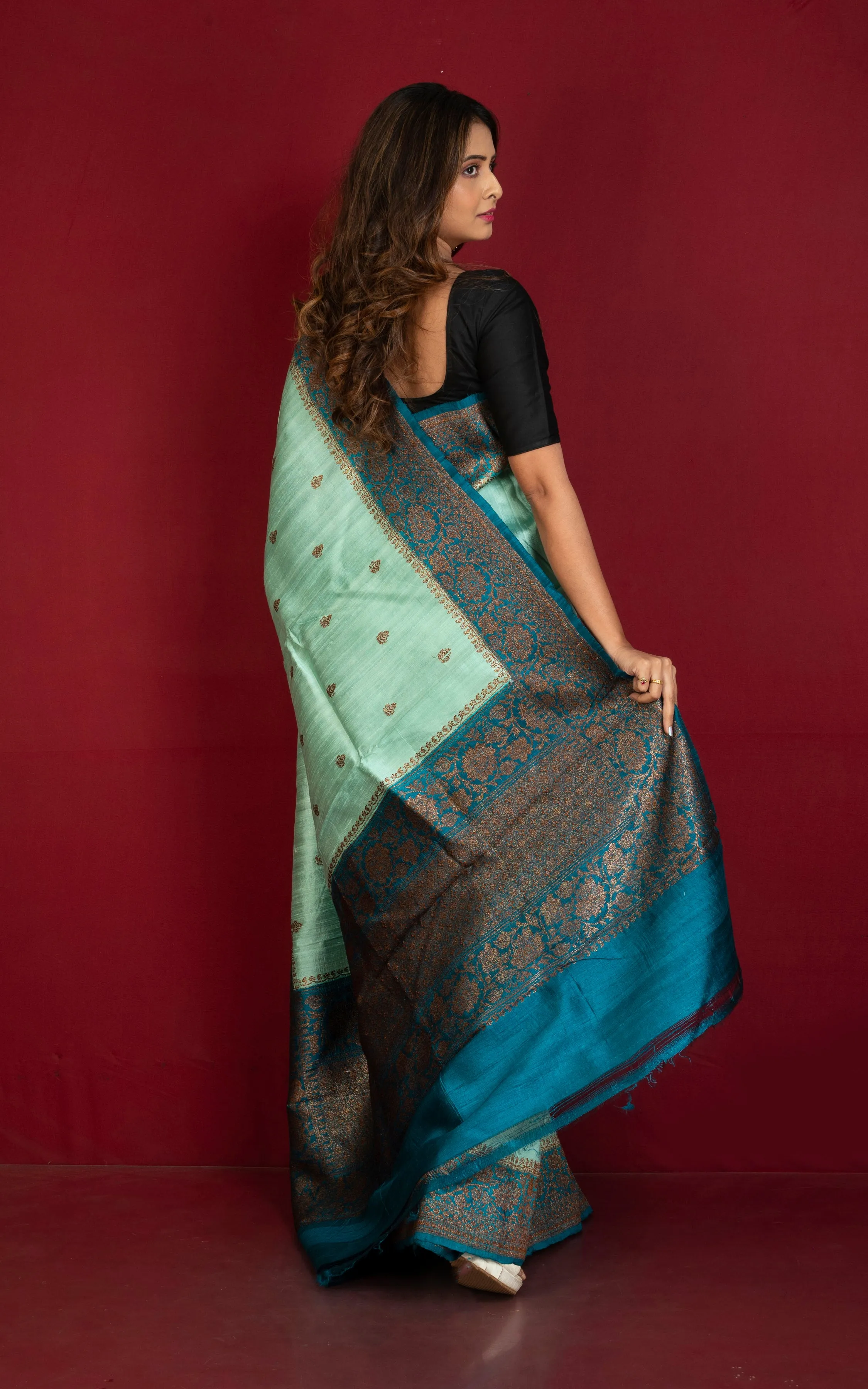 Handwoven Dupion Tussar Raw Silk Saree in Light Aqua Green, Dark Teal and Antique Golden