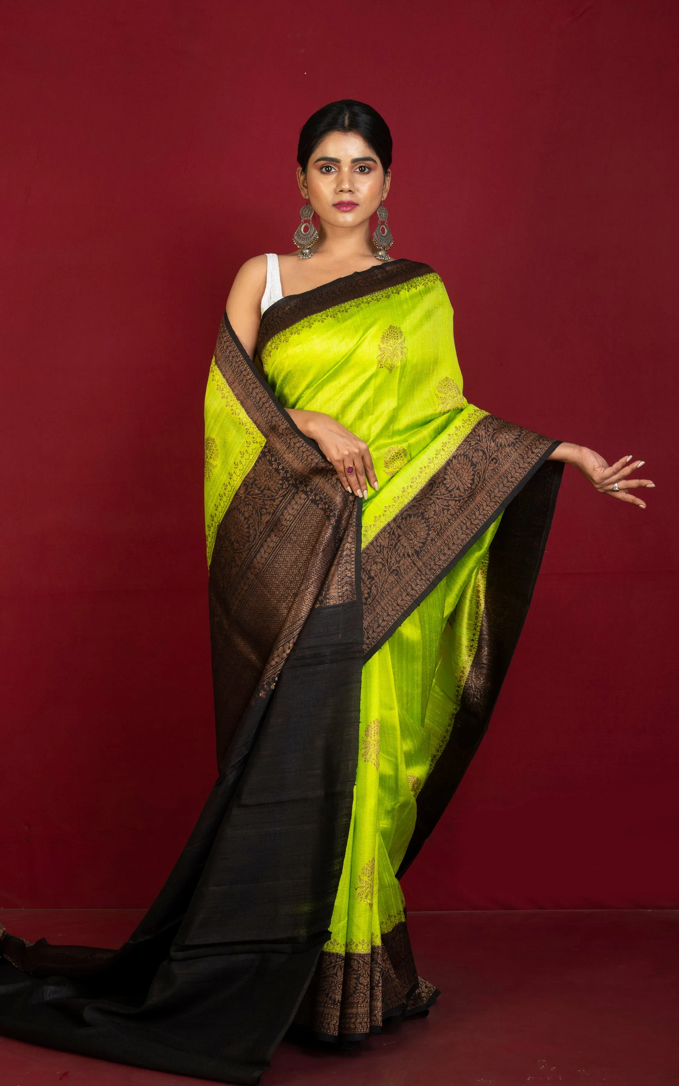 Handwoven Dupion Tussar Raw Silk Saree in Lime Green, Black and Antique Golden