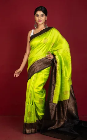 Handwoven Dupion Tussar Raw Silk Saree in Lime Green, Black and Antique Golden