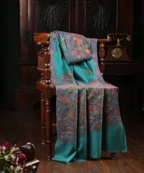 Handwoven Green Pure Pashmina Shawl With Kalamkari And Sozni Work