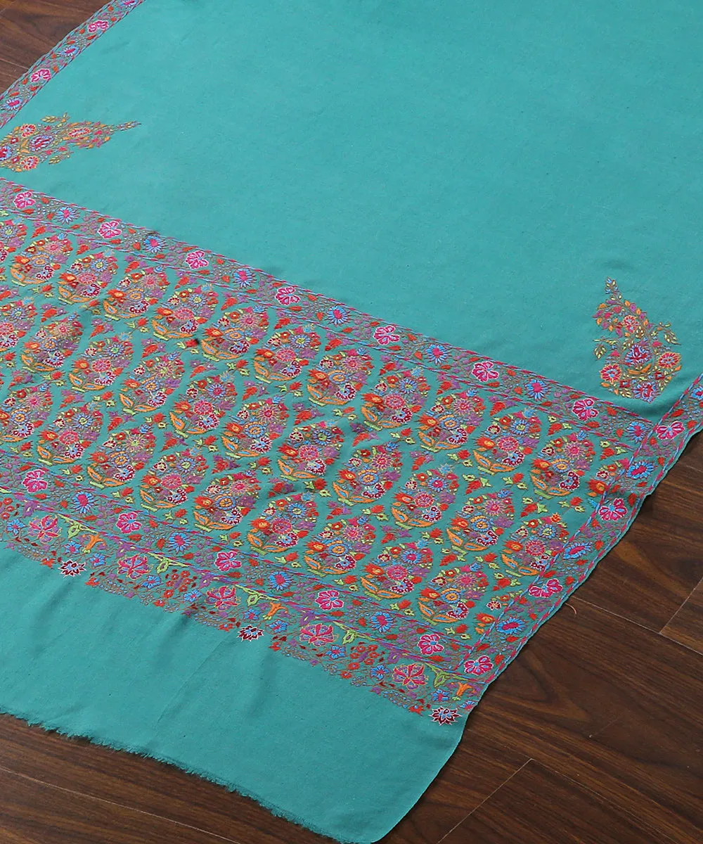 Handwoven Green Pure Pashmina Shawl With Kalamkari And Sozni Work