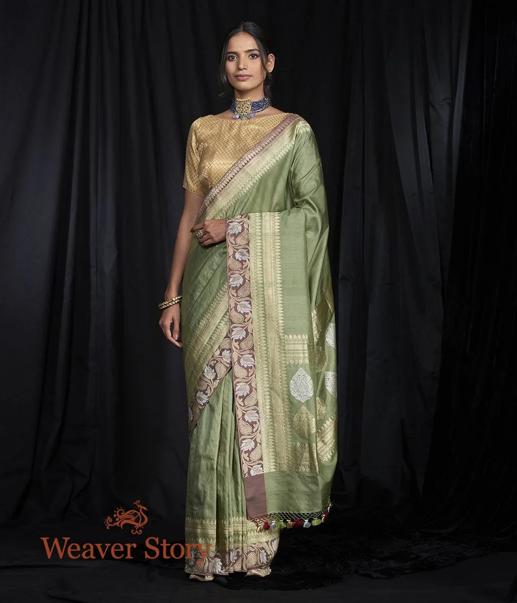 Handwoven Green Tusser Saree with Wine Kadhwa Border