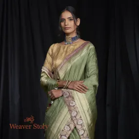 Handwoven Green Tusser Saree with Wine Kadhwa Border