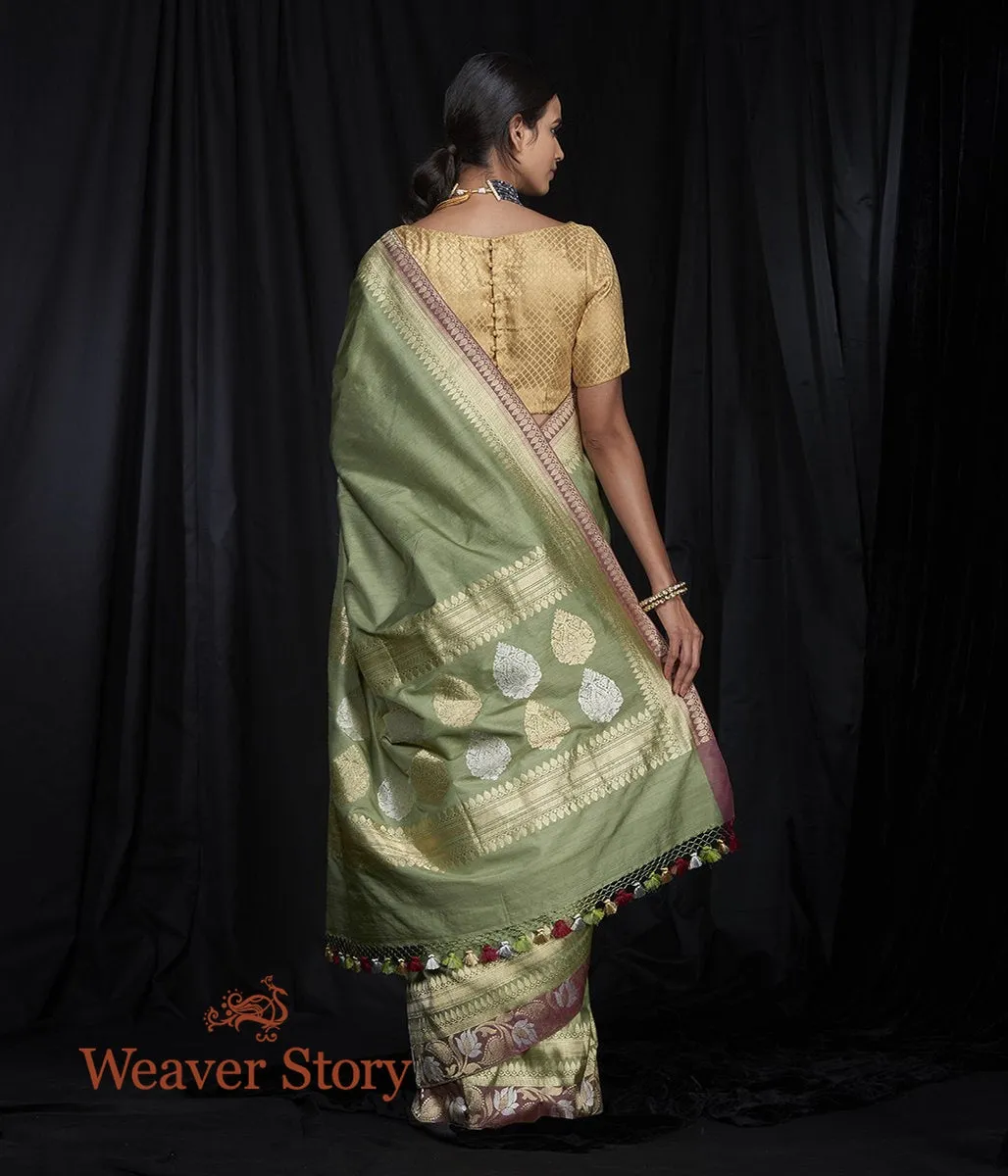 Handwoven Green Tusser Saree with Wine Kadhwa Border