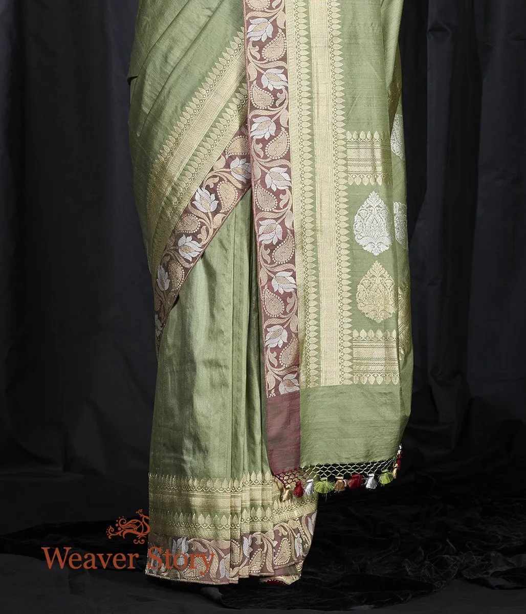 Handwoven Green Tusser Saree with Wine Kadhwa Border