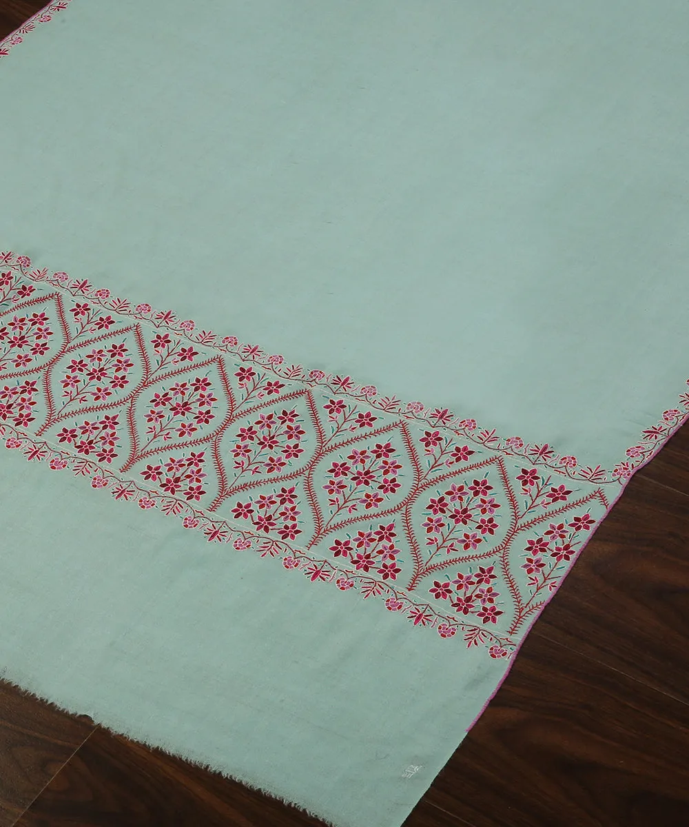 Handwoven Light Green Pure Pashmina Shawl With Paper Mache Embroidery Border And Palla