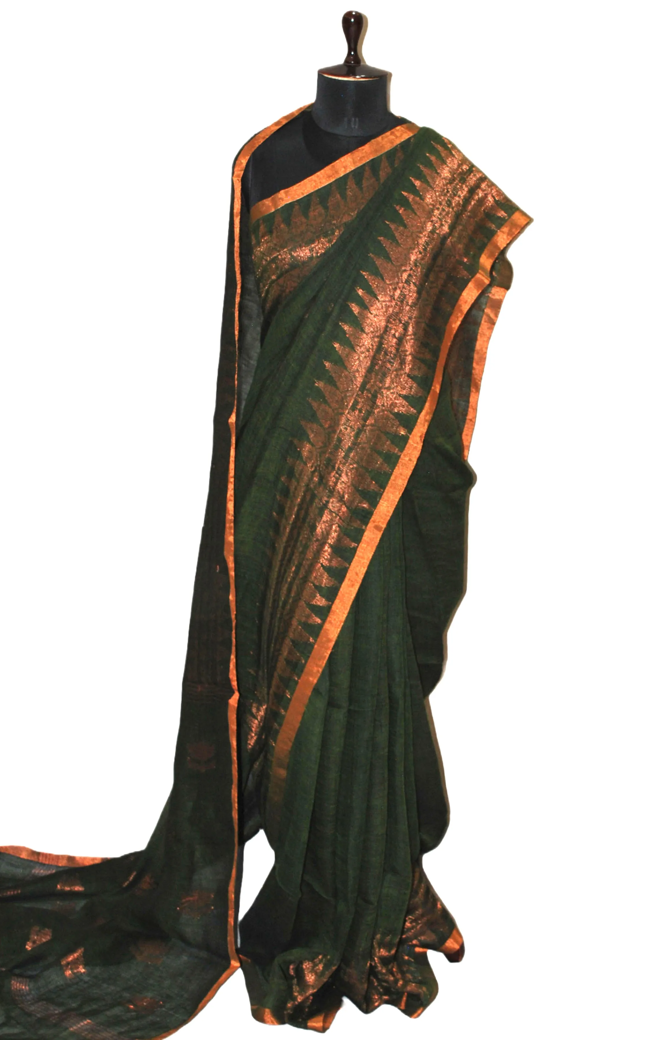 Handwoven Linen Kanchipuram Saree in Juniper Green and Copper