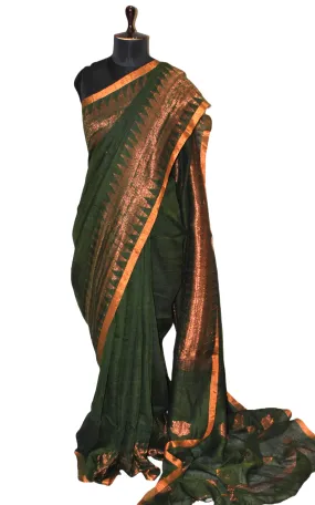 Handwoven Linen Kanchipuram Saree in Juniper Green and Copper