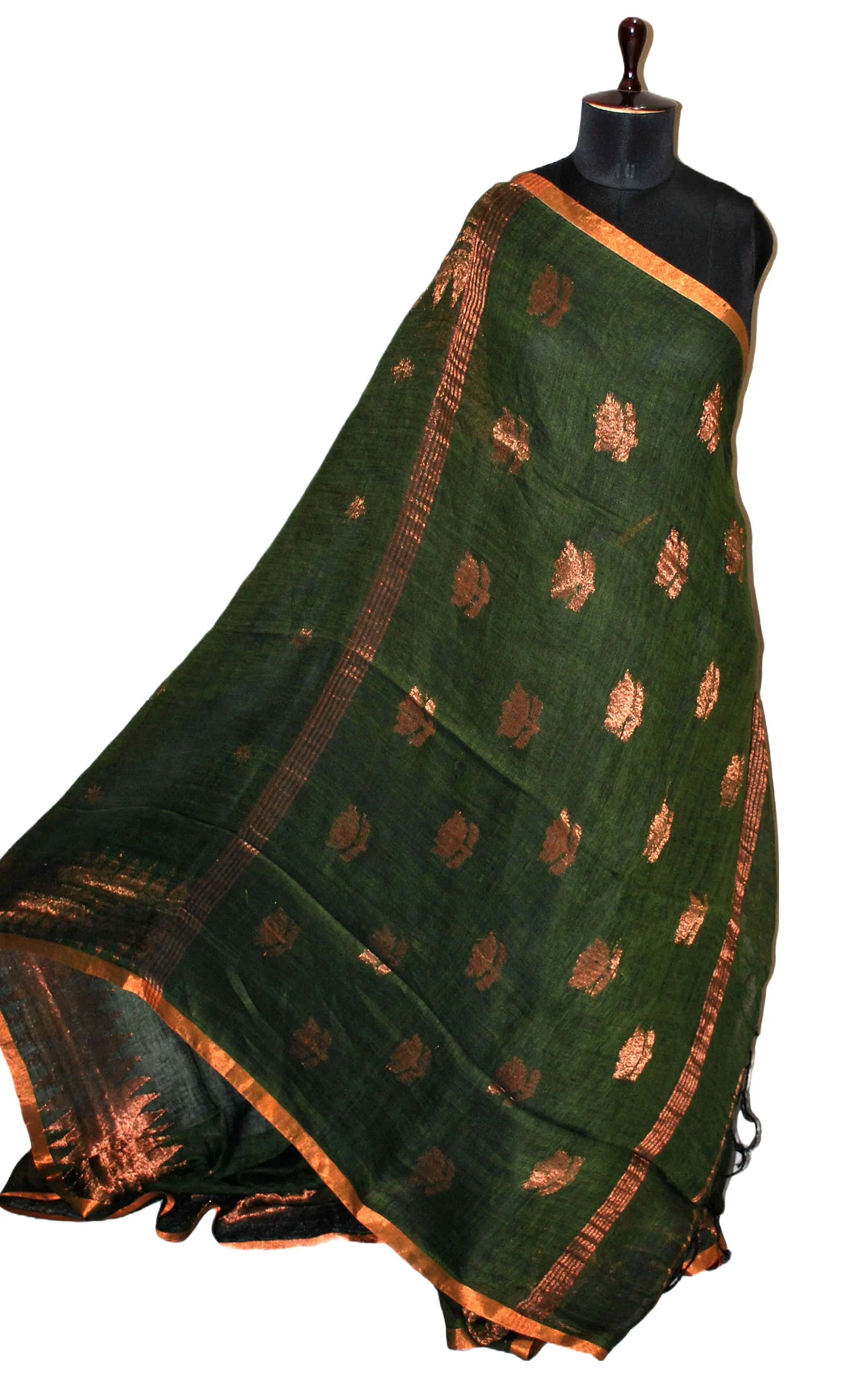 Handwoven Linen Kanchipuram Saree in Juniper Green and Copper