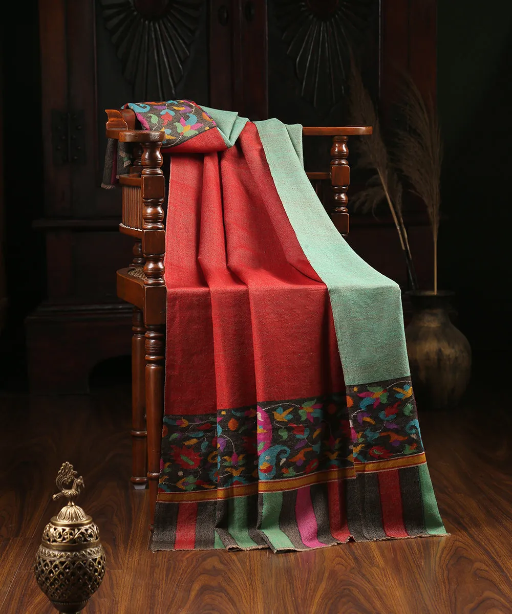 Handwoven Red And Aqua Green Double Shade Pure Pashmina Shawl With Kani Work