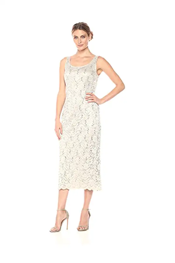 Ivory Sheath Tea Length Scoop Neck Sleeveless Lace Mother of the Bride Dresses