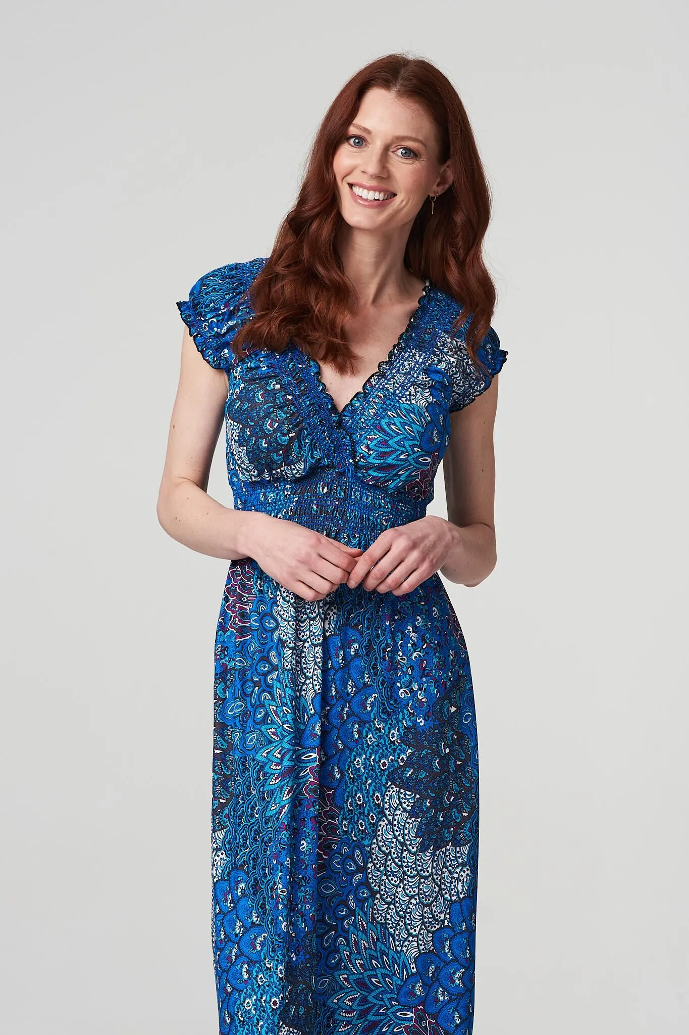 Izabel London - Peacock Print V-Neck Maxi Dress