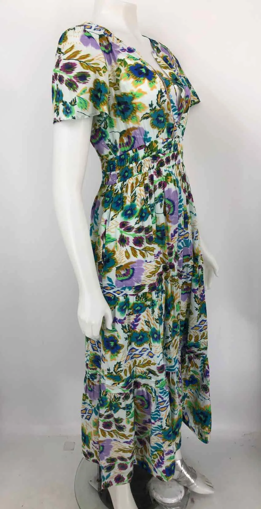 JOHNNY WAS White Green Multi Print Maxi Length Size X-SMALL Dress