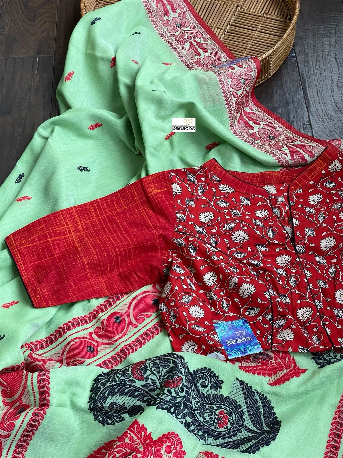 Khadi Cotton Dongria - Light Green Red HandWoven