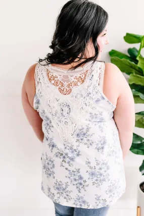 Lace Back Sleeveless Top In Blue Blossom