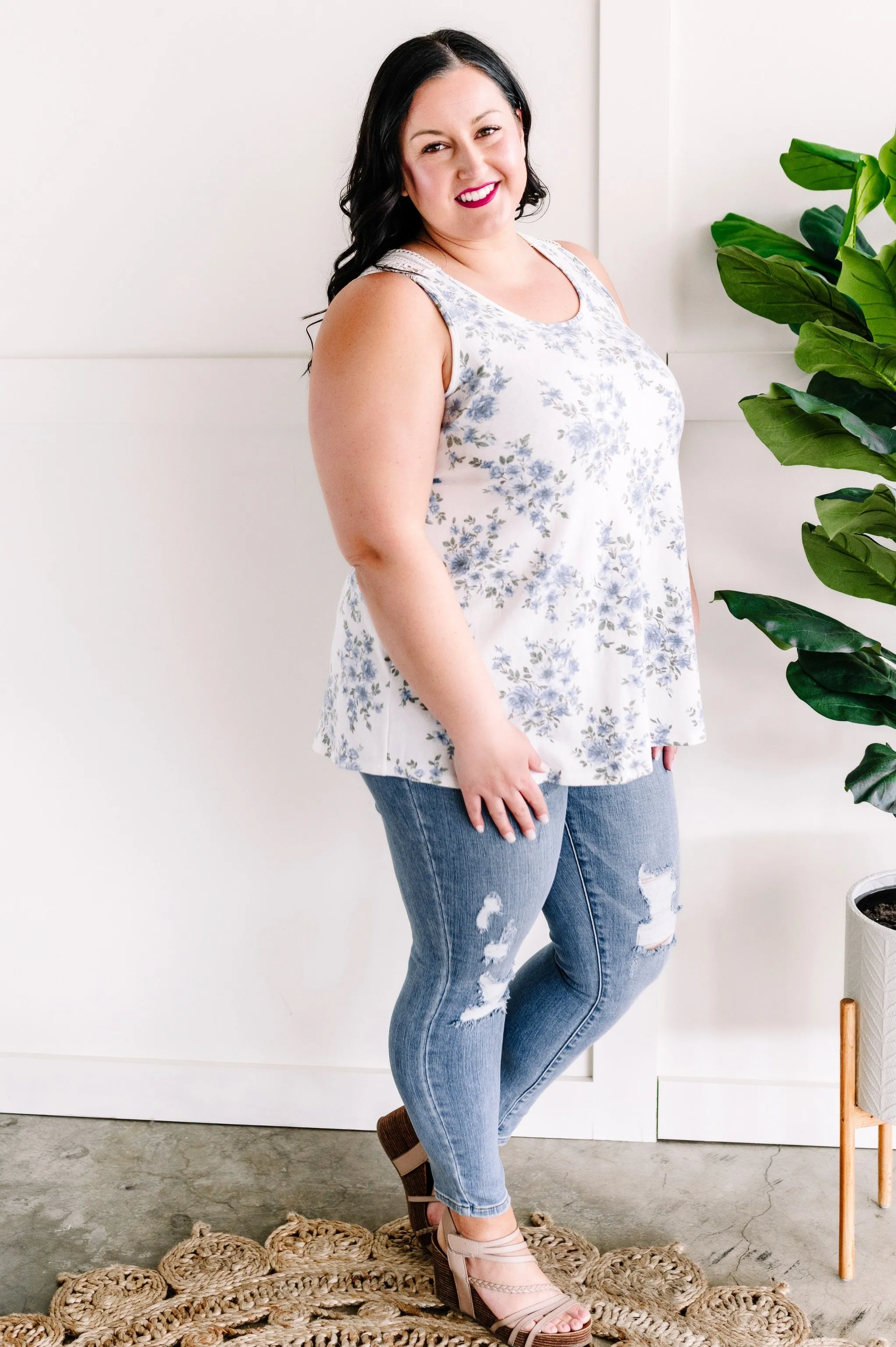 Lace Back Sleeveless Top In Blue Blossom