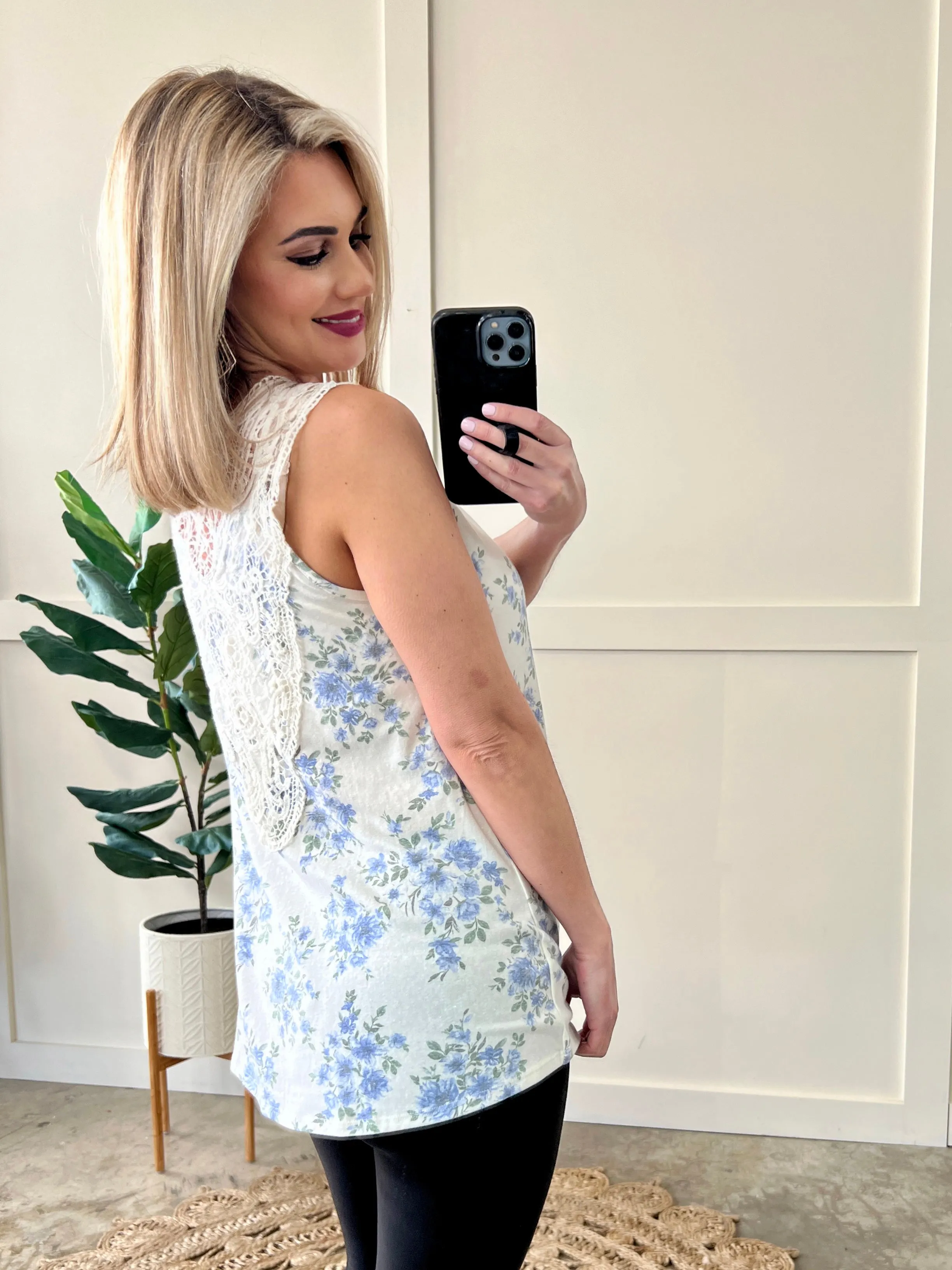 Lace Back Sleeveless Top In Blue Blossom