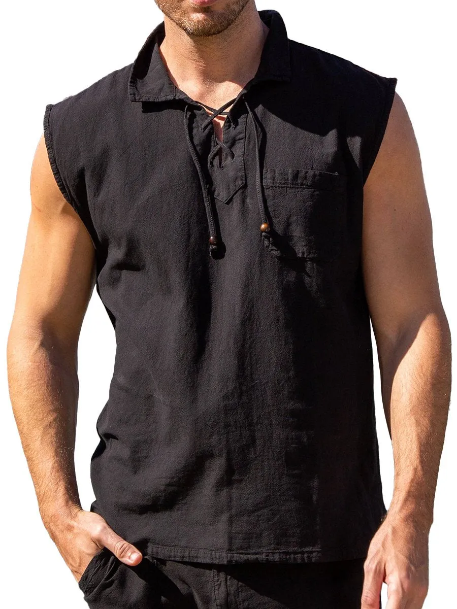 Lapel Lace-Up Chest Pocket Sleeveless Shirt