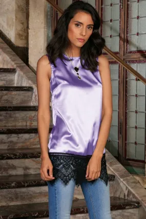 Lavender Sleeveless Cute Dressy Evening Top With Black Lace - Women